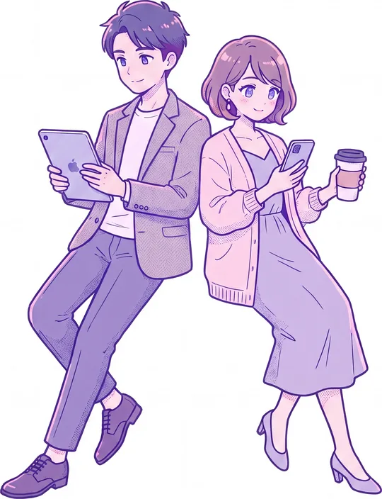 タブレットを持つ男性と、スマホとコーヒーを持つ女性が背中合わせにくつろぐイラスト